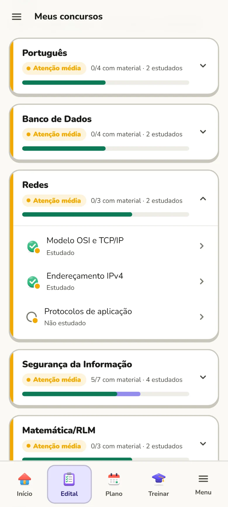Edital organizado por matéria, com as cores de atenção