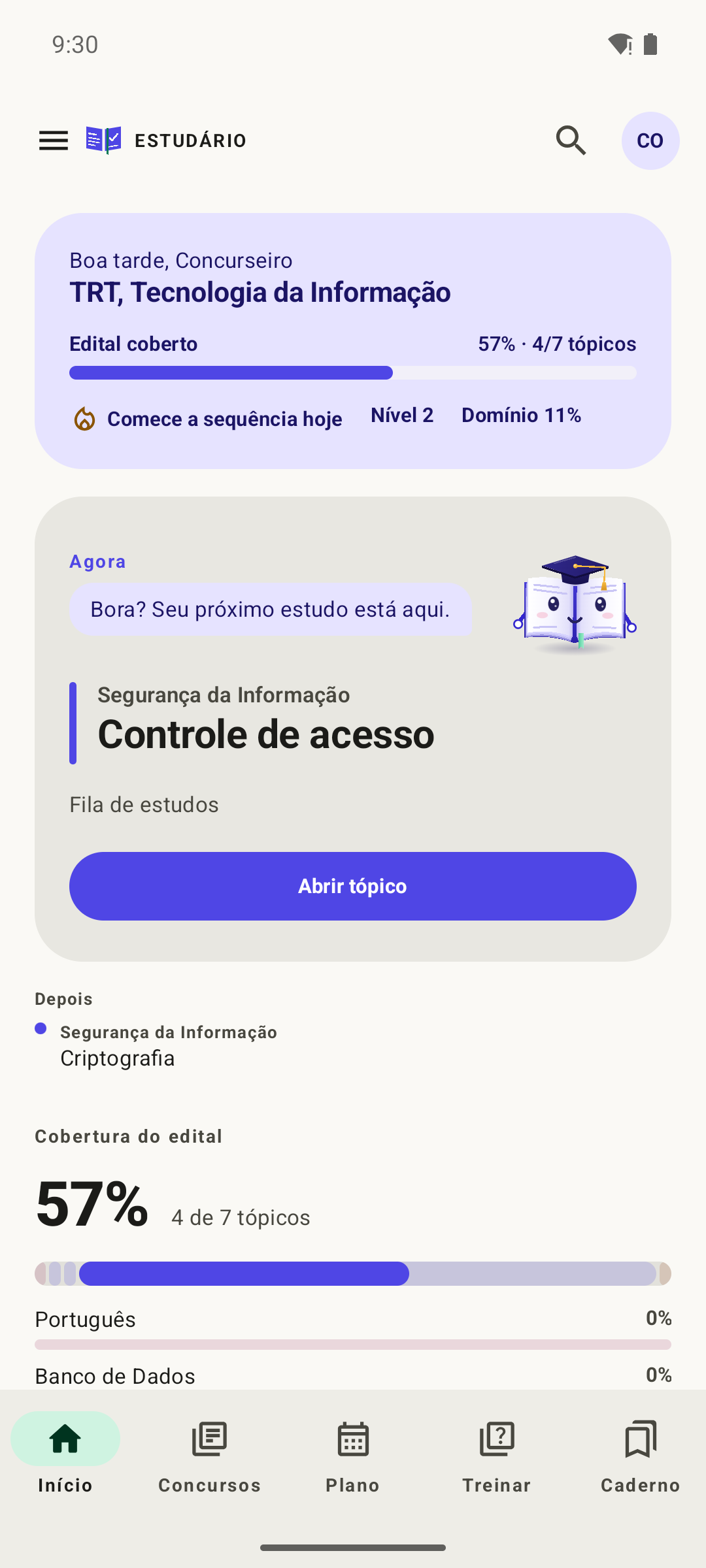 Tela inicial do Estudário com o próximo estudo e a cobertura do edital