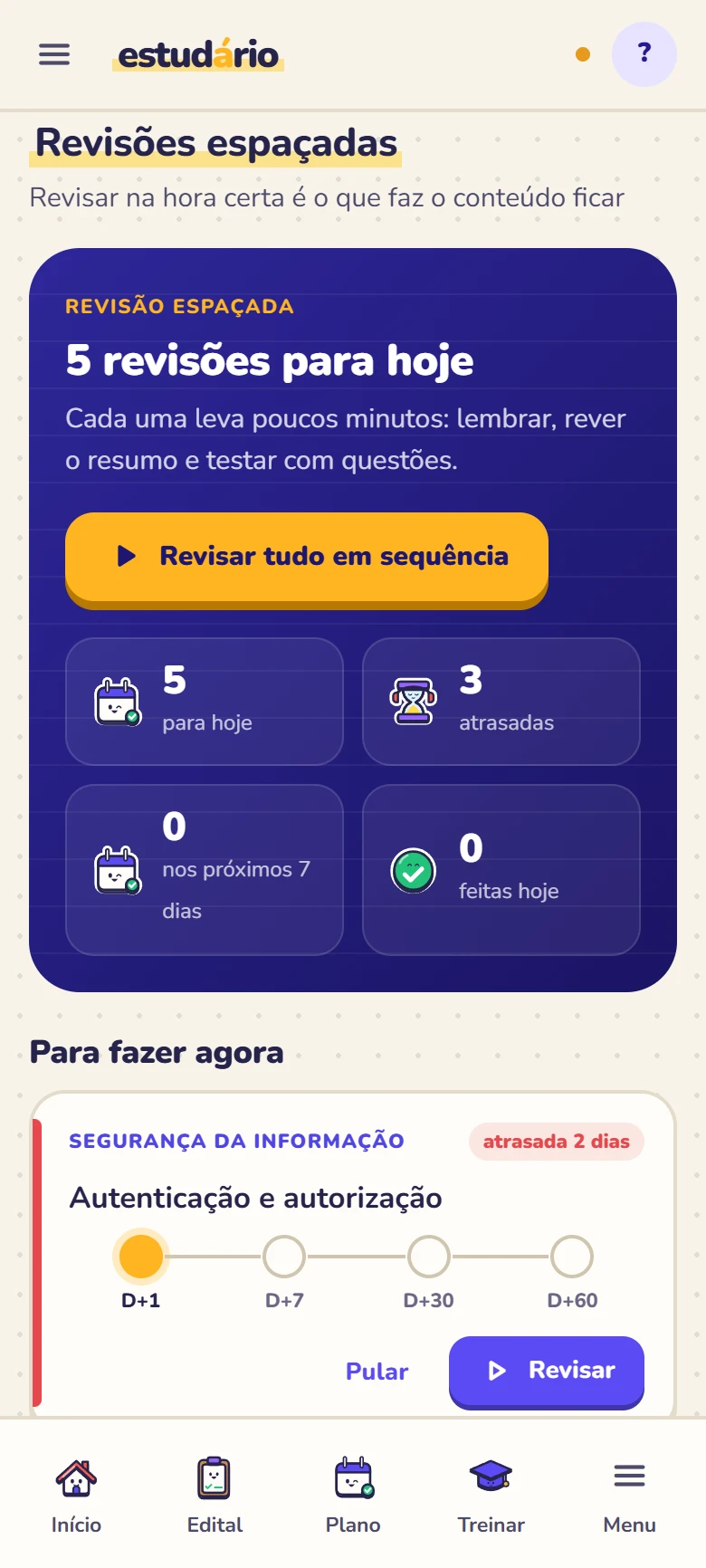 Revisões espaçadas do dia, de D+1 a D+60