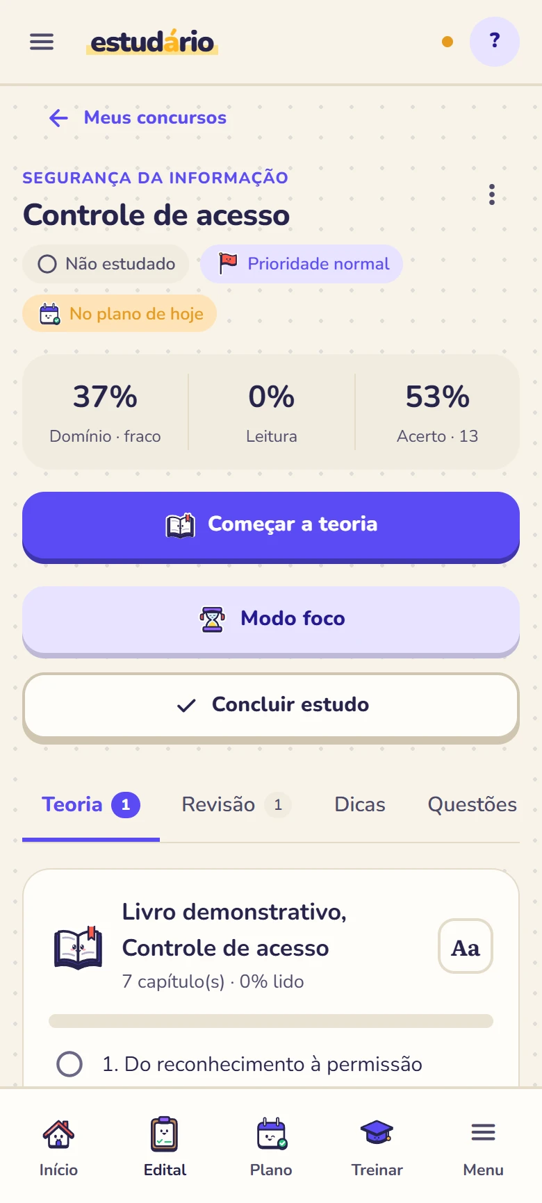 Página do tópico com domínio, leitura e acerto